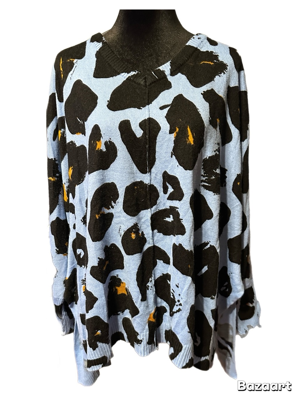 Mud Pie Blue Animal Print V-Neck Sweater with Black and Mustard Spots